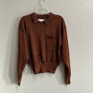 Y2K Liz Claiborne Vintage Brown Gold shimmer Collared Sweater Long Sleeves Sz M